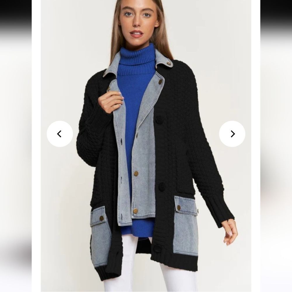 Davi & Dani Denim Collar Black Chuncky Knit  Button Front Cardigan Oversized S - Picture 3 of 14